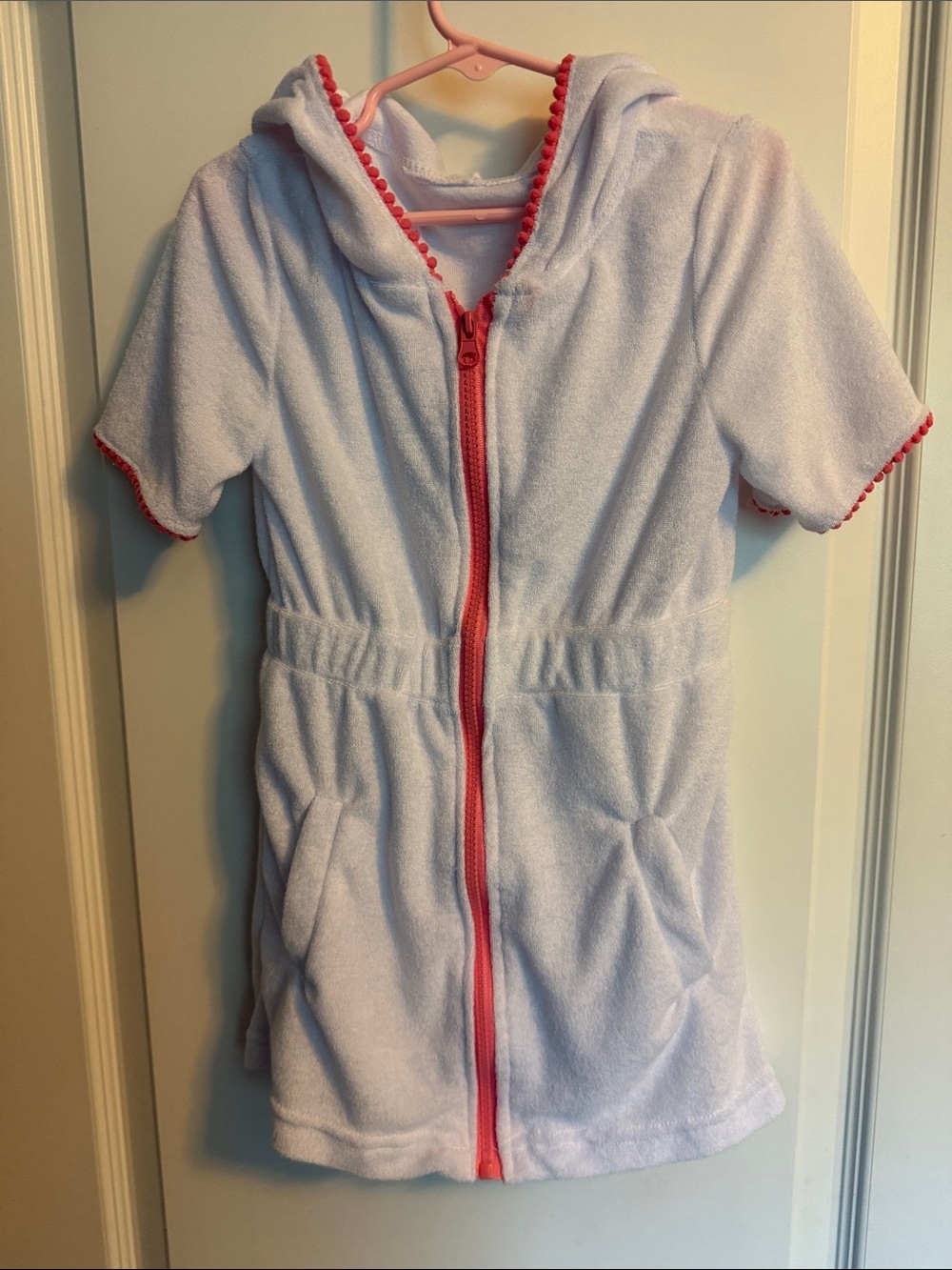 Terry Cloth Beach Pool Cover-Up Dress White Pink Pom Pom Trim Hooded Est 4T 5T